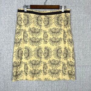 Tory Burch Tan Linen Skirt Floral Brown‎ Trim Pencil Skirt Sz 8 Cottage Twee Y2K
